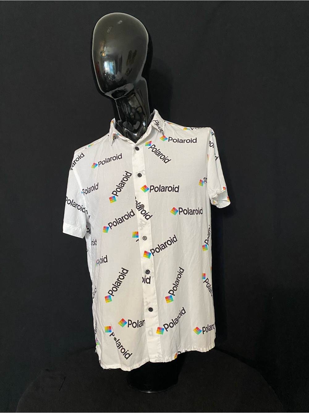 Polaroid White Short-Sleeve Button-Down Shirt with Multi-Color Logo Print